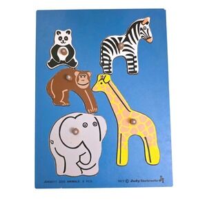 Vintage 1977 Judy Instructo Zoo Animals Wooden Peg Puzzle 5 Piece